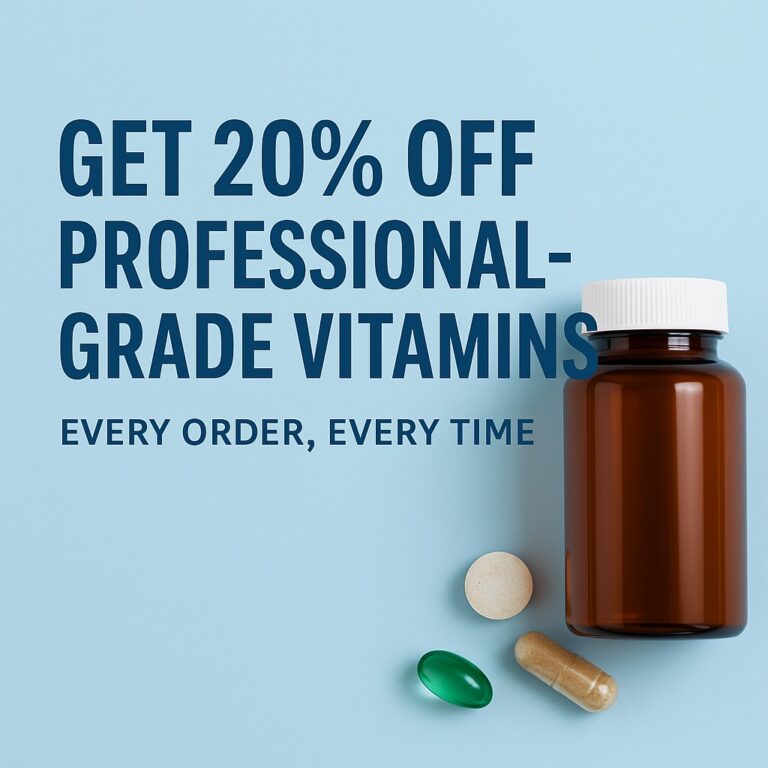 Professional-grade vitamin bottle with capsules on a blue background and text promoting 20% off every order