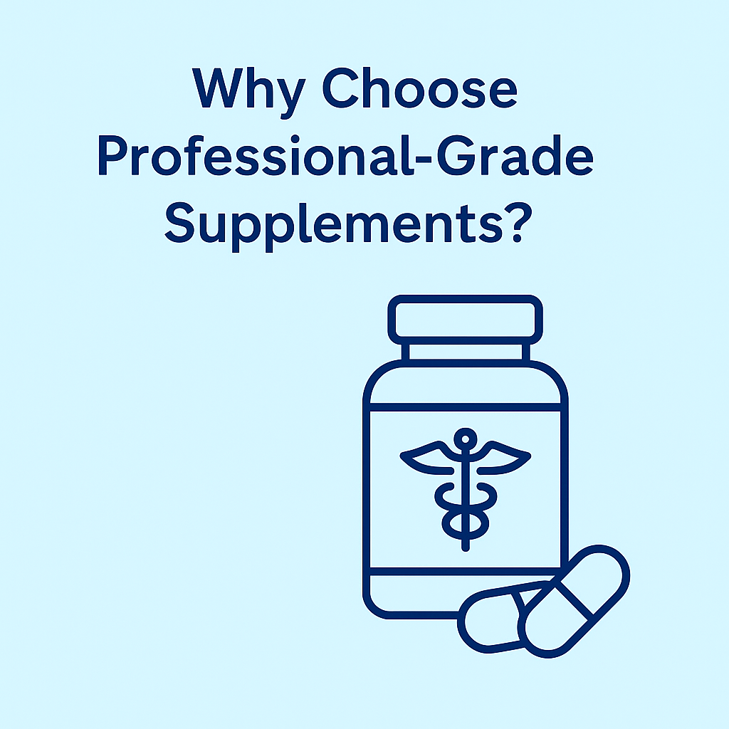 Illustration of a professional supplement bottle with a medical caduceus symbol and capsules beside it, displayed under the heading “Why Choose Professional-Grade Supplements?” on a light blue background.